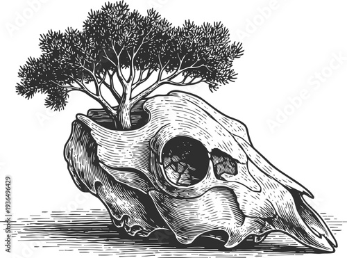 Animal skull with tree growing inside detailed monochrome vintage engraving of nature and decay symbol