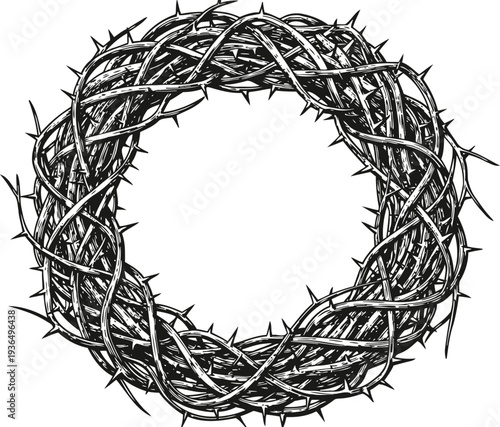 crown of thorns circle christian symbol of suffering and sacrifice, vector black and white illustration