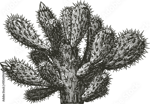 Vintage black and white illustration of prickly pear cactus with spines and fruit