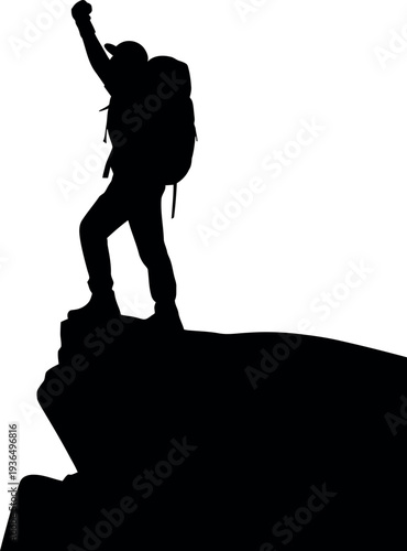 Minimalist vector illustration of a successful adventurer silhouette standing proudly on a mountain peak with an arm raised in triumph on transparent background. 