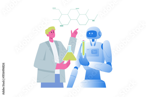 AI Robot and Scientist Collaborating in Medical Laboratory Research