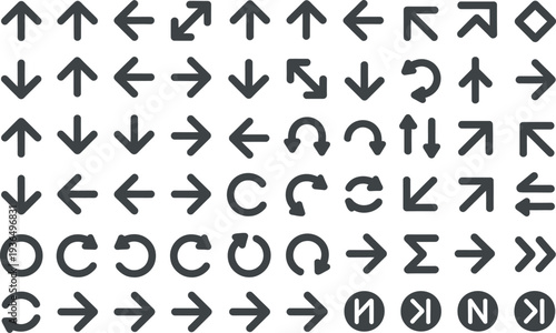 Comprehensive vector graphic illustration showcasing a diverse collection of modern arrow icons and symbols for user interface design on transparent background. 