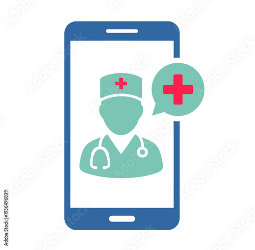 A doctor wearing a mask is visible on a mobile phone screen, conveying a medical consultation or telemedicine service.