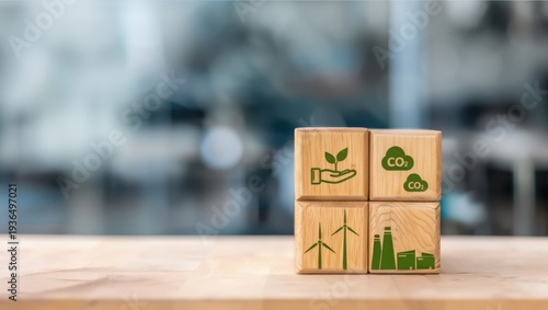 A stack of wooden blocks with green eco-friendly symbols on them