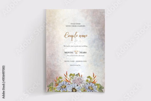 WEDDING INVITATION FRAME WITH FLOWER DECORATIONS AND FRESH LEAVES