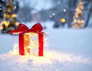 Clear gift box, red ribbon, & warm fairy lights sit on snowy ground; blurred trees and lights in background