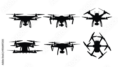 A group of drone silhouettes in various orientations