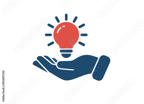 A dark blue hand holds a glowing red lightbulb with radiating lines on a plain white surface