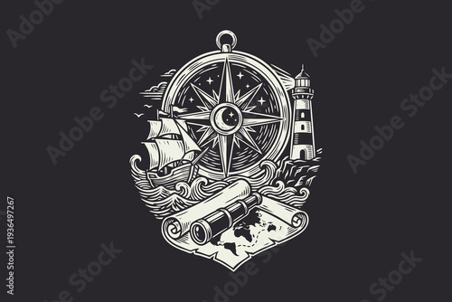 Vintage Nautical Exploration Emblem with Compass, Ship, Lighthouse and Map