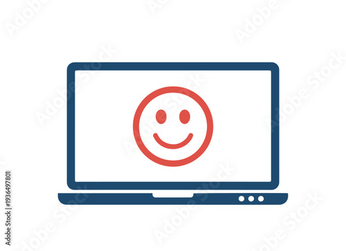 A minimalist laptop icon displaying a happy red smiley face on its screen representing online satisfaction