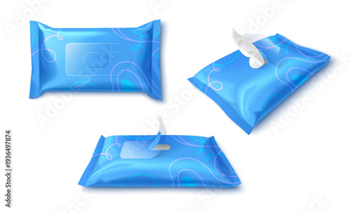 Wet wipe blue package mockup isolated vector illustration. 3d realistic pouch with makeup removing tissue or napkin, plastic wrapping packet, brand design with abstract color waves onwhite background