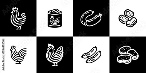 Icon Set Vector of 8 Free Range Farm Chicken Poultry