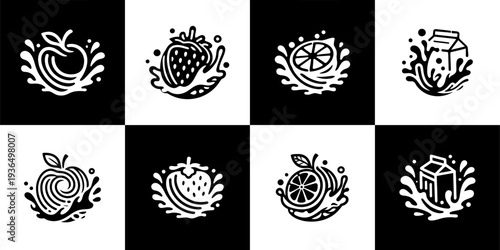 Icon Set Vector of 8 Fresh Fruit and Dairy Splash Icons