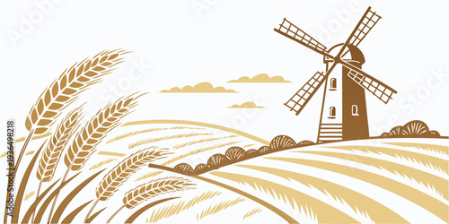 Countryside Wooden Windmill Flat Vector Illustration on White Background