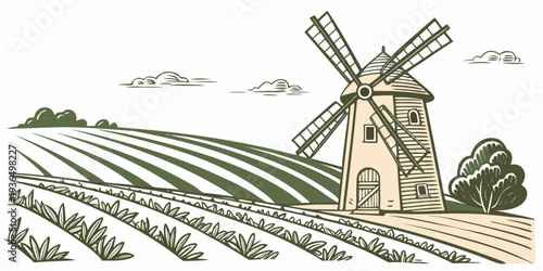 Countryside Wooden Windmill Flat Vector Illustration on White Background