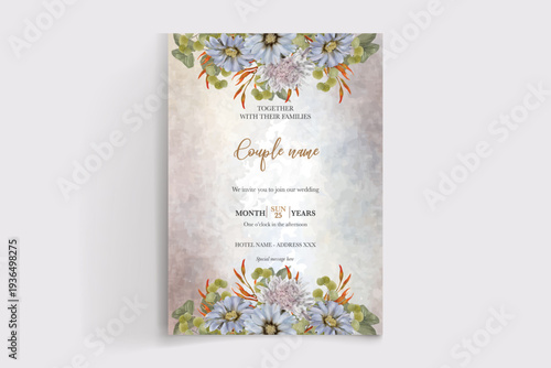 WEDDING INVITATION FRAME WITH FLOWER DECORATIONS AND FRESH LEAVES