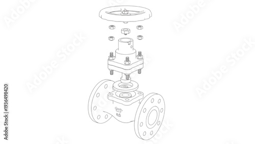 Industrial Valve Exploded View Diagram, Mechanical Pipeline Valve Assembly Engineering Drawing