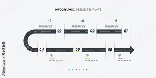 Modern infographics 6 options banner with arrows on grey background. Simple infographics design template Can be used for web design and workflow layout