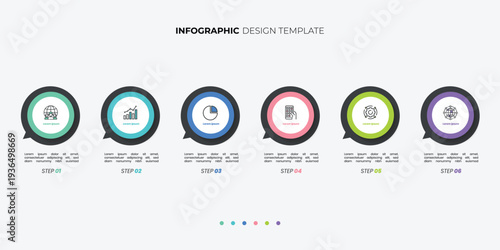 Modern infographics 6 options banner with arrows on grey background. Simple infographics design template Can be used for web design and workflow layout