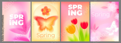 Spring backgrounds with soft gradient blur, pink pastel blooming flowers or trees. Vector seasonal backdrop with natural light, gentle floral pattern and butterfly, defocused blossom cards set
