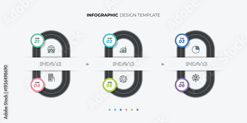 Modern infographics 6 options banner with arrows on grey background. Simple infographics design template Can be used for web design and workflow layout