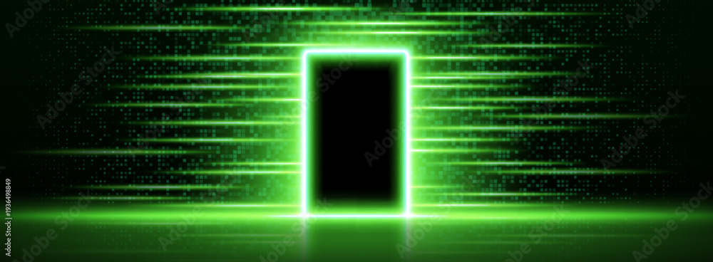 Naklejka premium Futuristic digital door glowing with green neon light, abstract vector background. Opened cyber portal or gate with pixel glitch effect, high tech entrance or exit concept