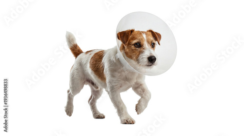 Tableau sur toile A scruffy jack russell terrier dog wearing a clear Elizabethan collar and walkin