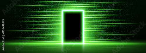 Futuristic digital door glowing with green neon light, abstract vector background. Opened cyber portal or gate with pixel glitch effect, high tech entrance or exit concept