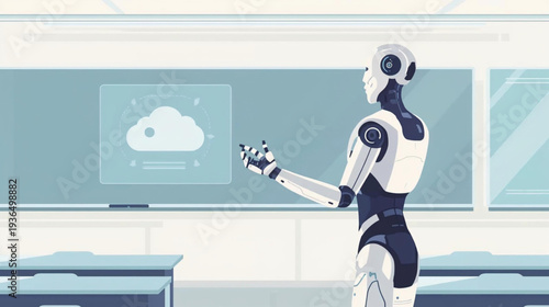 Vector illustration of  human robot teach in class room