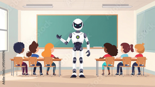 Vector illustration of  human robot teach in class room