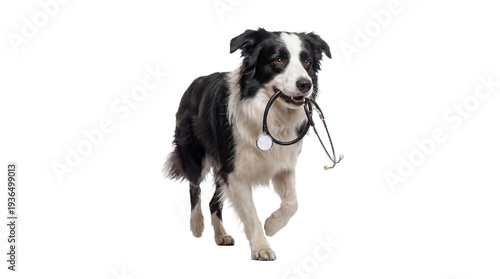 A border collie dog with a stethoscope in its mouth walks forward on a transparent background, ready to help.
