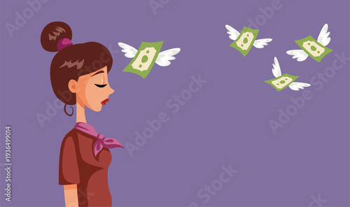 Sad Woman Loosing Money During Inflation Vector Illustration. Depressed person losing her cash as prices rise being unable to save