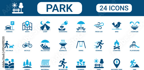 Park Icon Set Collection Featuring Nature, Camping, Hiking, Picnic, Playground, Forest, Landscape, Relaxation and Outdoor Recreation Symbols for Travel, Tourism and Leisure Vector Design