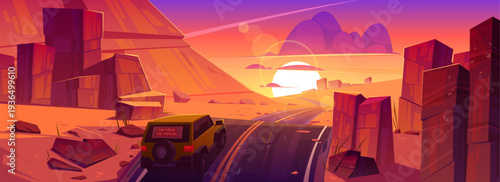 Car driving road at sunset desert canyon landscape