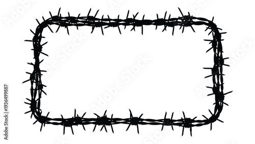 A rectangular frame made of barbed wire on a white background