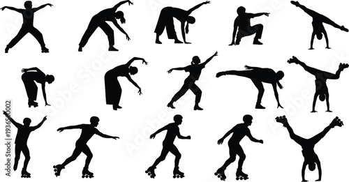 Roller skater silhouette set performing dance, spin and acrobatic poses, dynamic skating movement collection isolated on vector illustration