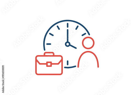 A simple red and blue icon illustrating a clock, a person, and a briefcase representing business time