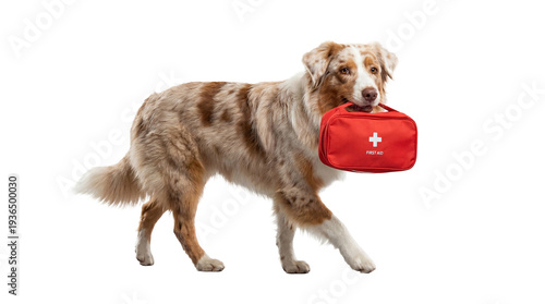Photography Australian Shepherd dog carrying a red first aid kit in its mouth isolated on tr