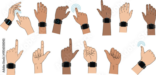 Smartwatch gesture control hands set showing tap, swipe and touch interactions, wearable technology interface gestures collection isolated vector illustration