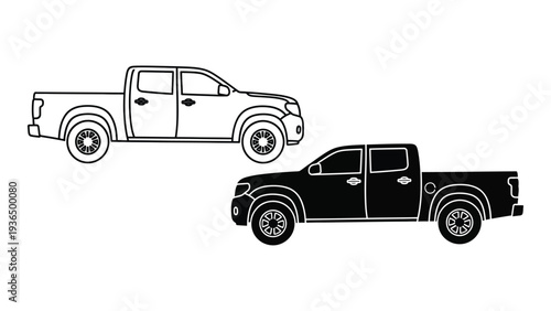 A black and white line drawing of two pick up trucks