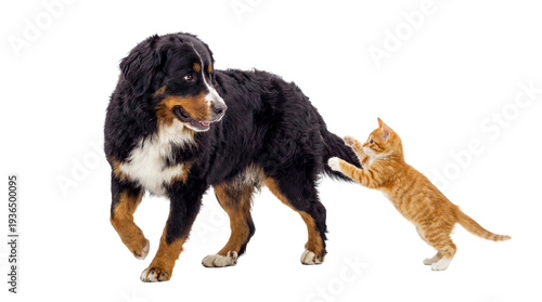 Humorous image of a ginger kitten playfully pulling the tail of a Bernese Mountain Dog with a stethoscope.