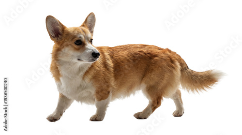 Adorable fawn and white Pembroke Welsh Corgi dog standing alert, looking right, isolated on a transparent background.