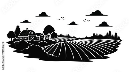 A black and white landscape of a farm with a house and trees