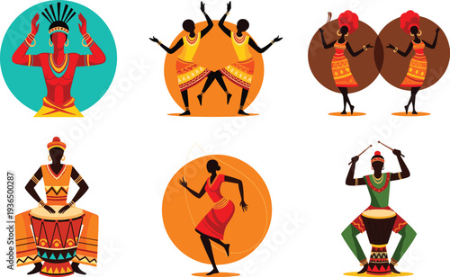African tribal dance and drum culture set, traditional ethnic dancers music vector illustration collection