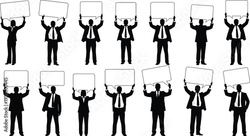 Business people holding speech bubbles protest signs set, corporate communication vector illustration collection