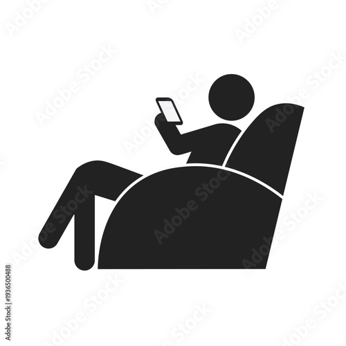Isolated illustration of stick figures sitting relaxing on a sofa and using a cellphone for daily activity icons.