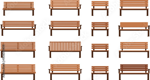 Park bench icons set, wooden outdoor benches furniture garden seating vector illustration collection