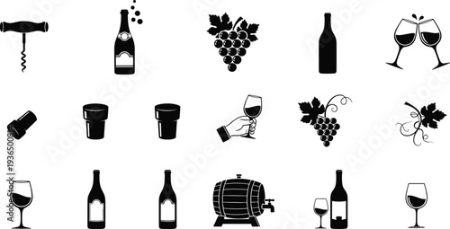Wine icons set, bottle glass corkscrew grapes barrel vineyard drink vector illustration collection