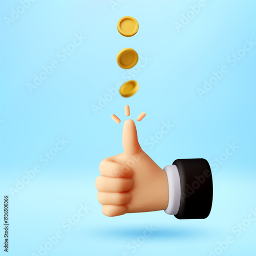 3D Hand showing thumbs up gesture with falling gold coins. Concept of financial growth, success, and approval in business and currency. Vector illustration