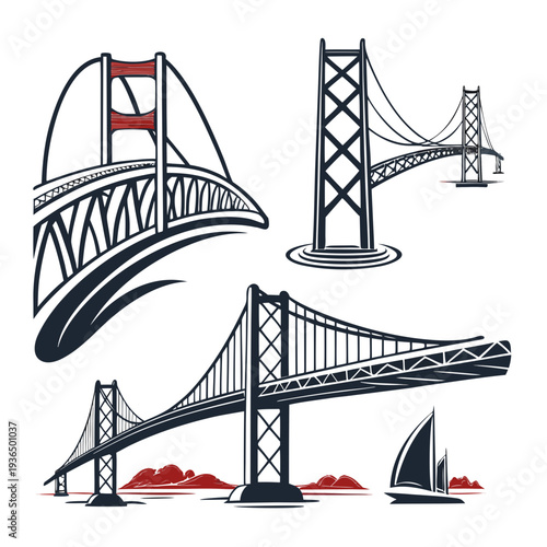 Stylized Bridge Icon Sheet with Red Accents

